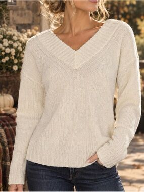 TALBOTS Cozy V-Neck Cream Women's Sweater